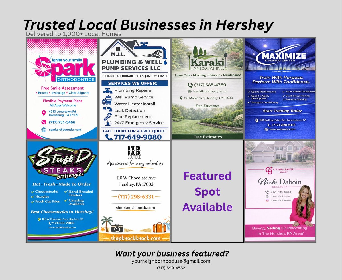 Grid of local business advertisements from Hershey including Spark Dental, Step D Steaks, KH Plumbing, Karaki, and Maximize Fitness with contact information and services